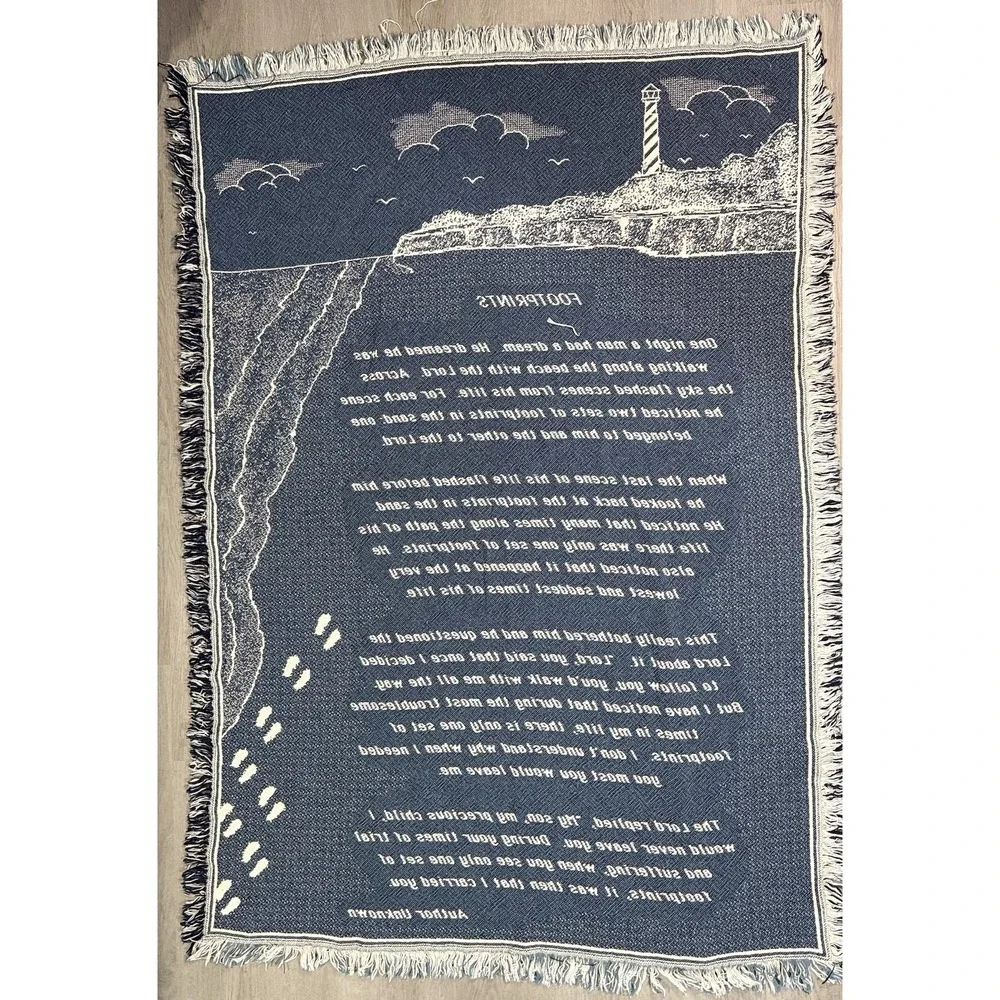 Vintage Tapestry Woven Throw Blanket Footprints In The Sand Lighthouse 66 X 46